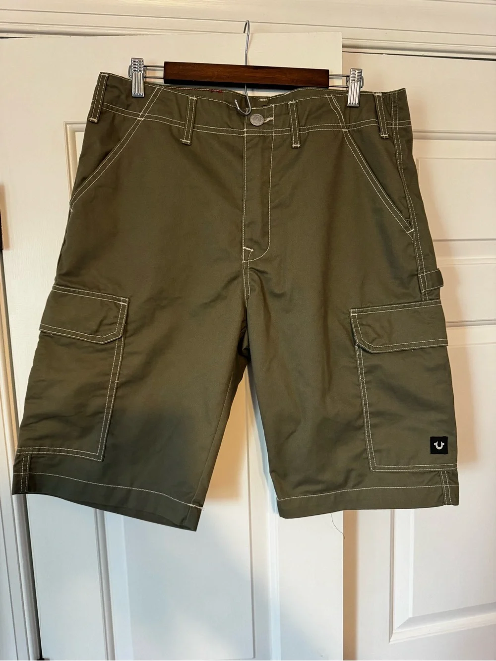 True Religion Olive Green Cargo Shorts with Contrast Stitching